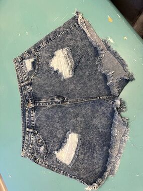 SHEIN Dark Blue Distressed High-Rise Jean Shorts